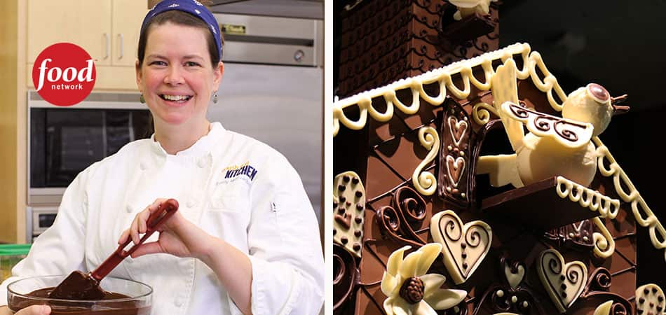 On the left – Emily McCracken holding a bowl full of chocolate. On the right – a portion of the sculpture created for the special.