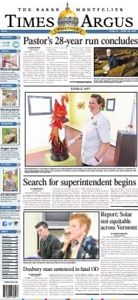 Front page of the April 21st, 2018 Times Argus with Emily next to her chocolate phoneix sculpture in the Studio Arts Place gallery.